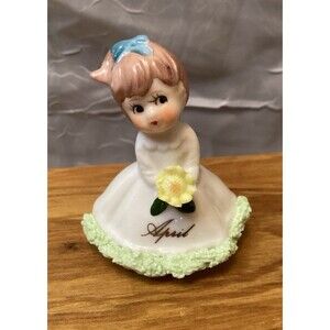 Vintage Napco "April" Birthday Girl Porcelain Mini Figurine 1950s Spaghetti Trim